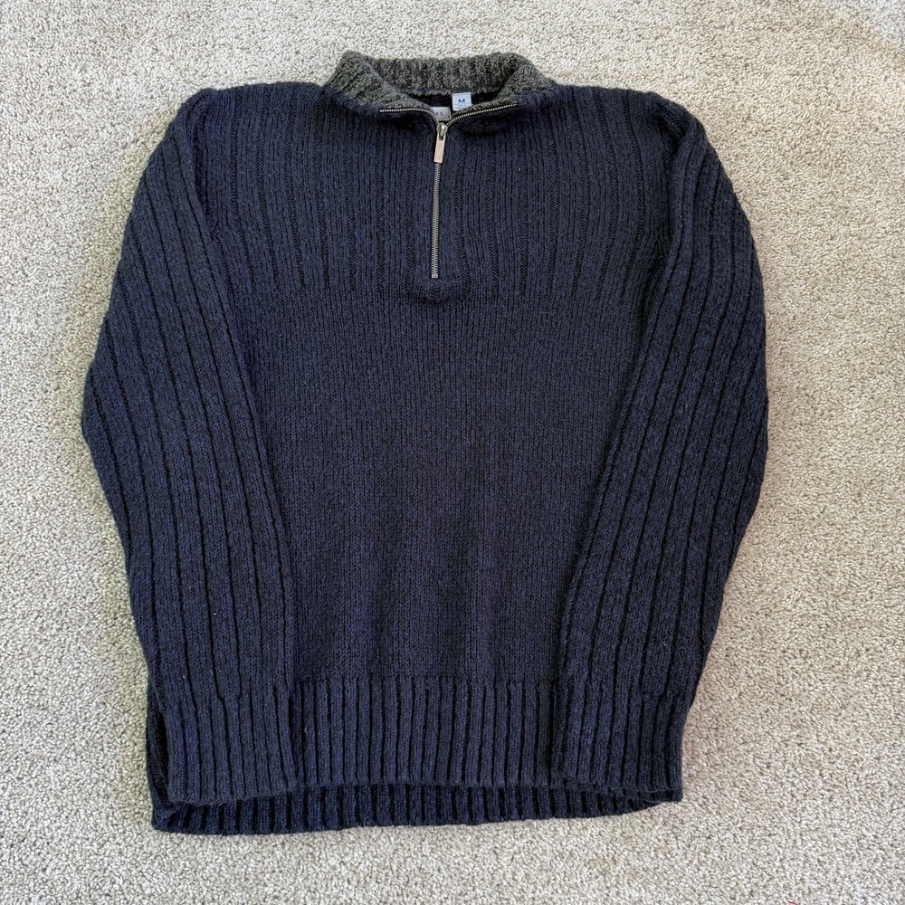 John Henry Sweater Mens Medium Blue Chunky Knit 1/4 Zip Mock Neck Pullover